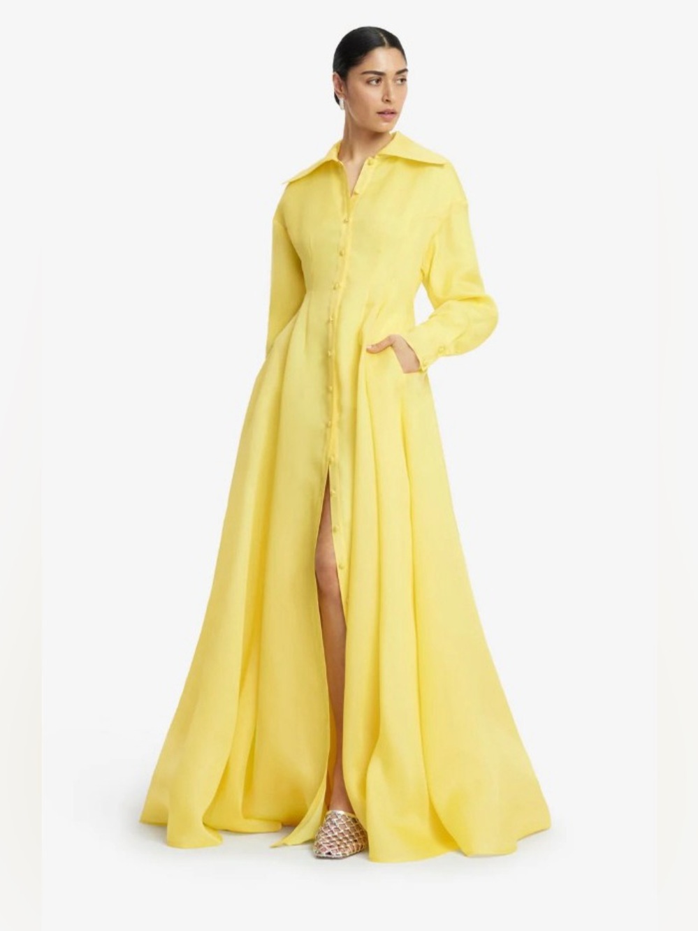 LEO LIN Pink Josephine 100% Silk Yellow Long Sleeve Maxi Shirt Dress NWOT - Picture 6 of 6
